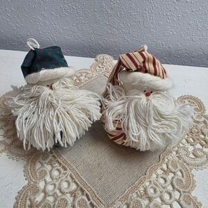 Vintage Handmade Primitive Fabric Santa Claus Ornament Pair Yarn Beard Christmas